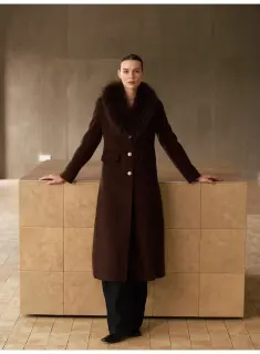 Cashmere Long Coat with Fur Collar