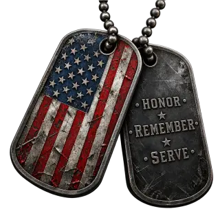 Weathered patriotic military dog tags with the American flag and Honor, Remember, Serve