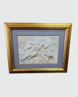 Watercolour painting of pelicans