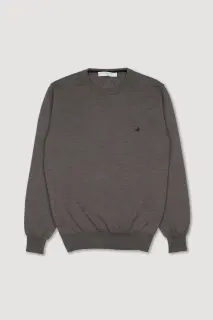 Extrafine merino wool crewneck sweater with embroidered chest logo. Brown - Cioccolato