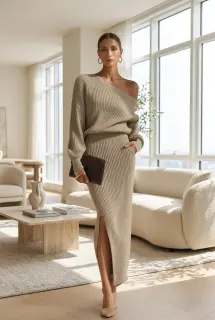 Women's Off-Shoulder Ribbed Knit Top & Side-Slit Skirt Set