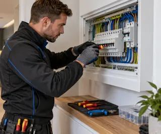 Electrician servicing a modern home consumer unit