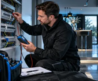 Electrician testing circuits at a modern home electrical panel