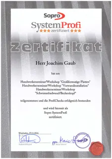 Zertifikat sopro jo gaub grosse platten