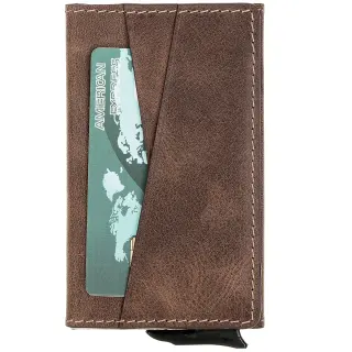 Pop-up Kreditkartenetui mit RFID-Schutz – Slim Wallet aus Aluminium & Leder | Braun