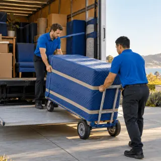 Professional moving company crew loading protected furniture into a moving truck