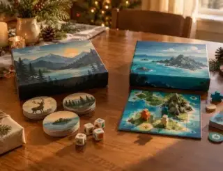 Deux jeux de société ouverts sur une table en bois avec des pièces et des pions colorés autour, dans un décor de Noël.