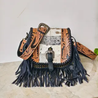 Western Cowhide Fringe Bag – Hand Tooled Leather Crossbody Handbag