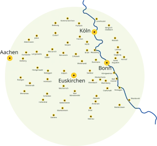 Karte der Region um Euskirchen mit umliegenden Städten wie Köln, Bonn und Aachen