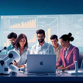 A stylized image illustrating the automation of work processes, depicting a diverse team of professionals using automated tools. The composition should show charts and graphs indicating increased prod