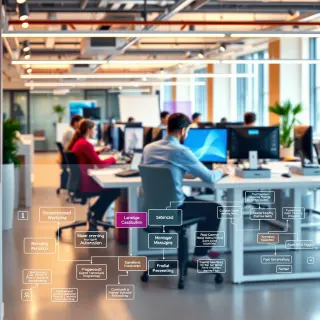 A visually engaging image depicting the concept of enhanced workflow through automation. A flowchart can be illustrated in the foreground with vibrant colors, while a team works efficiently in the bac