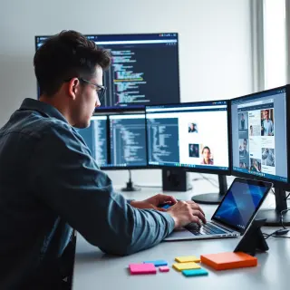 A modern and sleek image representing fast website development, showcasing a developer at work on a laptop with multiple screens open displaying code and website designs. The lighting is bright with a