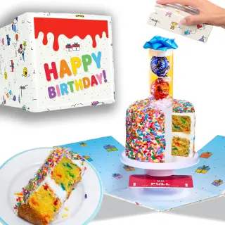 Happy Birthday Box- 4" Rainbow Vanilla Confetti Surprise Cake® with Lindt® Chocolate Surprise
