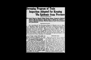 A newspaper clipping of a story with the headline 'Sweeping Program of Train Inspection Adopted for Keeping 'Flu Epidemic' from Province