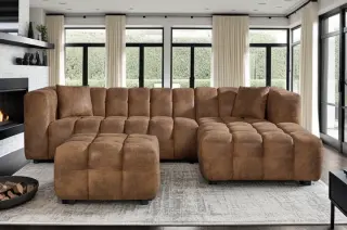 Faux Leather Suede Brown Right Hand Facing Corner Sofa with Ottoman