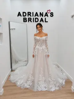 Champagne French Floral Lace Wedding Dress with Off-Shoulder Sleeves, Basque Waist Corset & Glitter Tulle