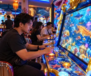 Tembak Ikan Indonesia dimainkan oleh pemain dewasa di ruang arcade dengan suasana bawah laut yang penuh warna