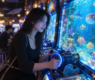Pemain berdiri fokus di depan mesin arcade bernuansa biru saat mencoba demo tembak ikan di ruang permainan yang remang