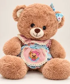 Urso de Pelúcia 30cm com Vestido Floral e Laço Azul – Ursinha Fofa