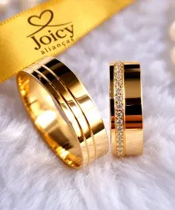Alianças de Casamento em Ouro 18K 7mm com 60 Zircônias – Modelo Elegance Duo