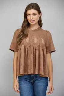 Mocha Brown Suede Top with Sheer Mesh Uppere Panel with Lace Applique