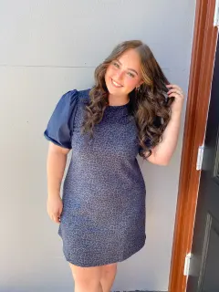 Aegean Wild Navy Leopard Print Puff Sleeve Mini Dress