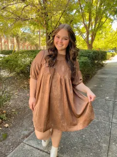 Brown Mocha Brown Suede Baby Doll Dress with Sheer Mesh Uppere Panel with Lace Applique
