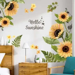 Toate produsele - Sticker Autocolant de Perete cu Flori de Floarea Soarelui și Ferigi, 100x80 cm