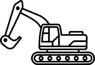 Line drawing of an excavator with a long arm and track wheels.