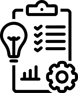 Outline of a clipboard with checkmarks, a gear, a bar chart, a light bulb, and a document.
