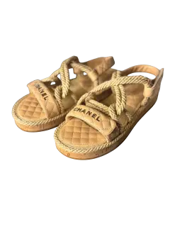 Chanel Cord Lambskin Quilted Logo Sandals in beige Sz41 (Preowned)