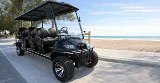 Black golf cart parked by the beach on a sunny day.