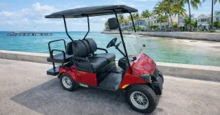 Red golf cart parked on a paved area near palm trees.