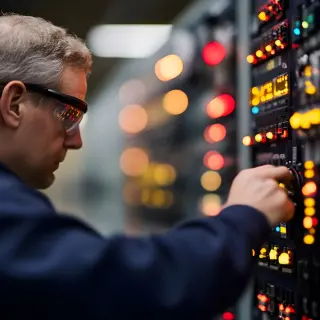 A person wearing safety glasses operates a control panel with illuminated buttons in a dimly lit environment.