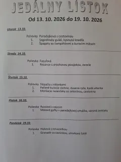 Jedálny lístok od 13.10.2026 do 19.10.2026