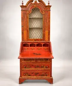 Red Chinoiserie Secretary Desk Bookcase