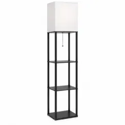 Modern Black Aluminium 3-Tier Shelf Floor Lamp with White Fabric Shade – E27 – 158cm