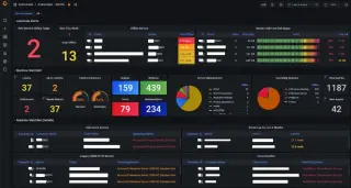 Managed IT operations dashboard showing offline server alerts, disk space monitoring, patch compliance, and agent inventory