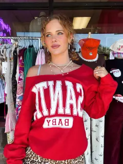 Santa Baby Graphic Crewneck off the Shoulder on Red