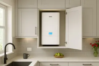 A new boiler installed in a kitchen cupboard