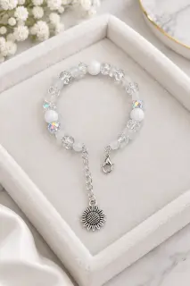 Sparkling White Crystal & Crackled Glass Memory Wire Bracelet with Sunflower Dangle Charm