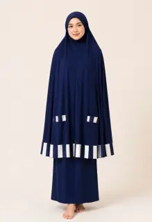 Pocket Burqa - Knee Length - Full Navy with White strips