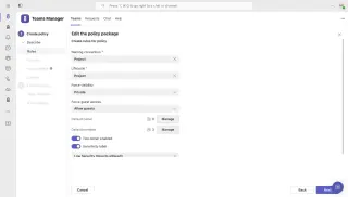 Rules of a Teams Manager policy package: naming, lifecycle, visibility, guest access
