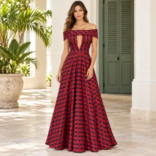 Red & Navy Geometric Off-Shoulder Maxi Dress | Just ABO by Ronchi De Cuba
