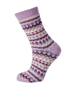 Ullfrottéstrumpor med stickat mönster Lila
