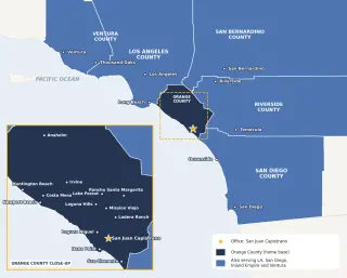 Skyline Pest Control service area map of Orange County and Southern California, with the San Juan Capistrano office marked