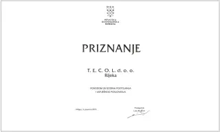 Hrvatska gospodarska komora - priznanje za 20 godina uspješnog poslovanja Tecol d.o.o.