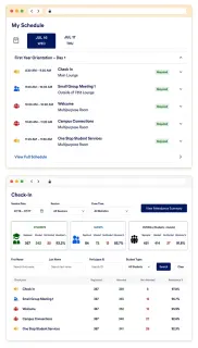 VZOS® student schedule view alongside the admin Check-In view showing attendance tracking for the same orientation experience.